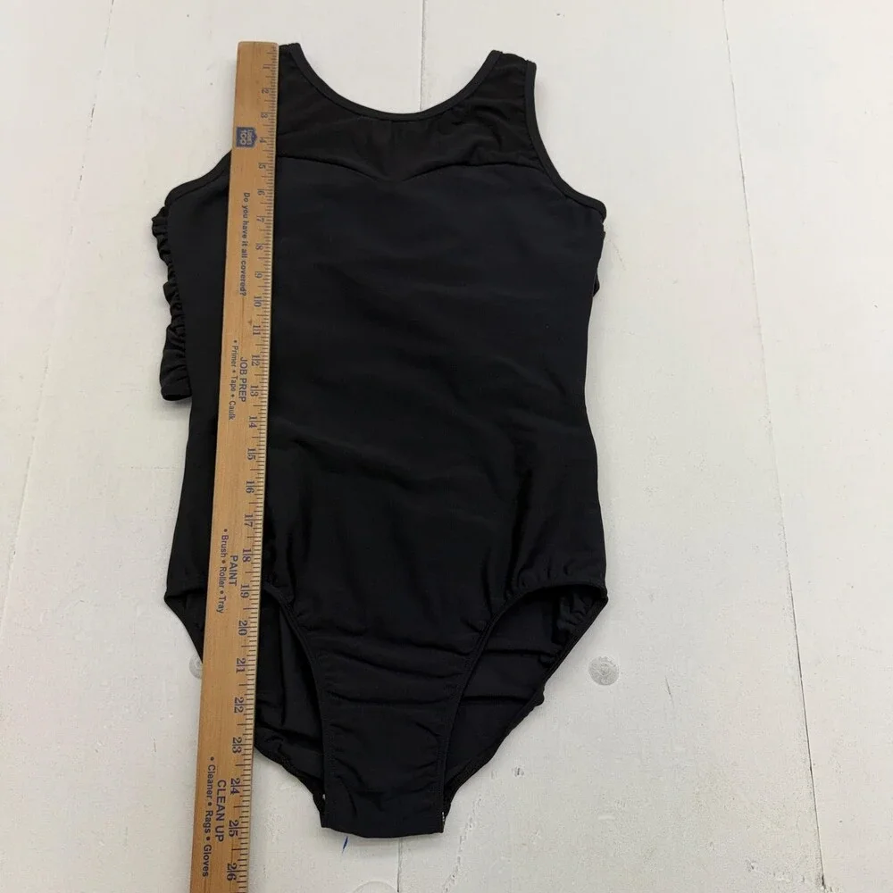 Every Turn Renew Leotard Girls 16 Black Sleeveless Mesh Ruched Back Dancewear